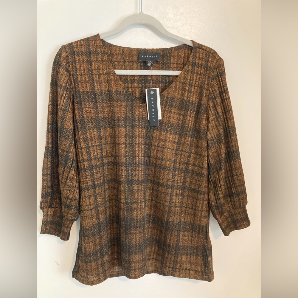 Premise Plaid V-Neck Three-Quarter Sleeve Tunic in Brown